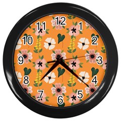 Flower Orange Pattern Floral Wall Clock (black)