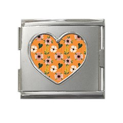 Flower Orange Pattern Floral Mega Link Heart Italian Charm (18mm)