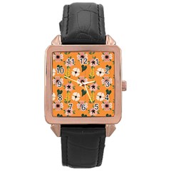 Flower Orange Pattern Floral Rose Gold Leather Watch 