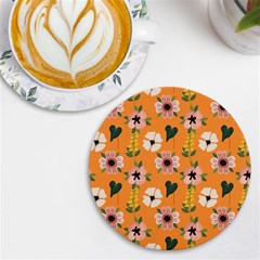 Flower Orange Pattern Floral Uv Print Round Tile Coaster