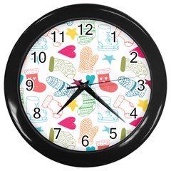 Cute Doodle Christmas Gloves And Stockings Seamless Pattern Wall Clock (black)