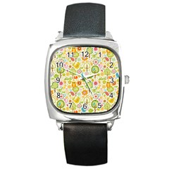 Nature Doodle Art Trees Birds Owl Children Pattern Multi Colored Square Metal Watch by Jancukart