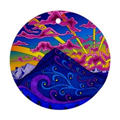 Psychedelic Colorful Lines Nature Mountain Trees Snowy Peak Moon Sun Rays Hill Road Artwork Stars Sk Ornament (round) by Jancukart