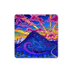 Psychedelic Colorful Lines Nature Mountain Trees Snowy Peak Moon Sun Rays Hill Road Artwork Stars Sk Square Magnet by Jancukart