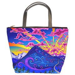 Psychedelic Colorful Lines Nature Mountain Trees Snowy Peak Moon Sun Rays Hill Road Artwork Stars Sk Bucket Bag by Jancukart