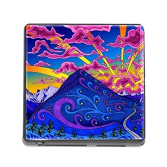 Psychedelic Colorful Lines Nature Mountain Trees Snowy Peak Moon Sun Rays Hill Road Artwork Stars Sk Memory Card Reader (square 5 Slot) by Jancukart