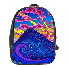 Psychedelic Colorful Lines Nature Mountain Trees Snowy Peak Moon Sun Rays Hill Road Artwork Stars Sk School Bag (xl) by Jancukart