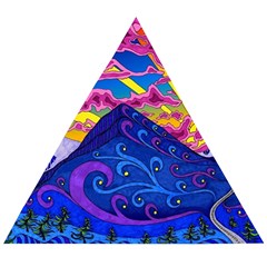 Psychedelic Colorful Lines Nature Mountain Trees Snowy Peak Moon Sun Rays Hill Road Artwork Stars Sk Wooden Puzzle Triangle by Jancukart