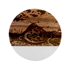 Psychedelic Colorful Lines Nature Mountain Trees Snowy Peak Moon Sun Rays Hill Road Artwork Stars Sk Marble Wood Coaster (round) by Jancukart