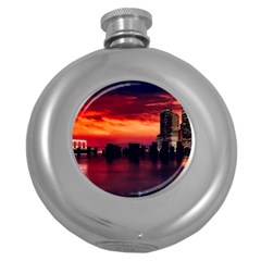 New York City Urban Skyline Harbor Bay Reflections Round Hip Flask (5 Oz) by Jancukart