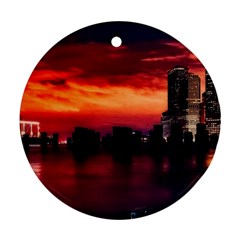 New York City Urban Skyline Harbor Bay Reflections Round Ornament (two Sides) by Jancukart