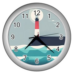 Lighthouse Ocean Nautical Sea Minimal Minimalist Wall Clock (silver) by Pakemis