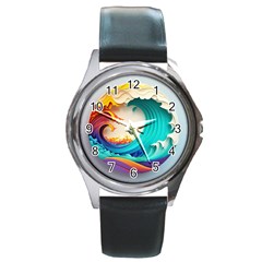 Tsunami Tidal Wave Wave Minimalist Ocean Sea 3 Round Metal Watch