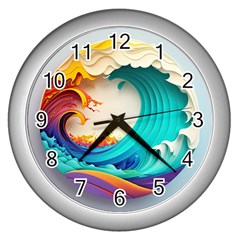 Tsunami Tidal Wave Wave Minimalist Ocean Sea 3 Wall Clock (Silver)