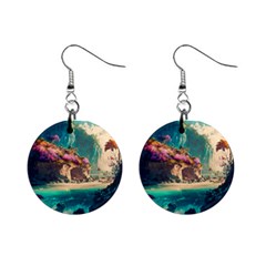 Tropical Island Fantasy Landscape Palm Trees Ocean Mini Button Earrings by Pakemis