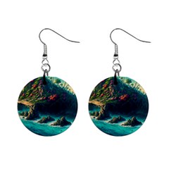 Tropical Island Paradise Ocean Sea Palm Trees Mini Button Earrings by Pakemis