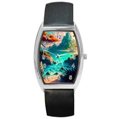 Tropical Paradise Beach Ocean Shore Sea Fantasy Barrel Style Metal Watch by Pakemis