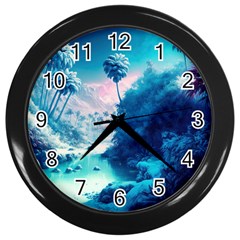 Tropical Winter Frozen Snow Paradise Palm Trees Wall Clock (black) by Pakemis