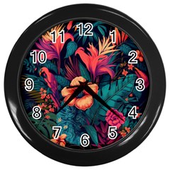 Tropical Flowers Floral Floral Pattern Pattern Wall Clock (black) by Pakemis