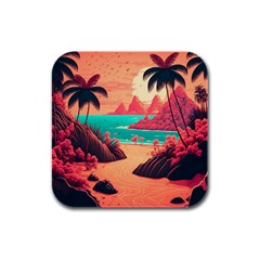 Tropical Beach Sea Jungle Ocean Landscape Rubber Square Coaster (4 Pack)
