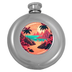 Tropical Beach Sea Jungle Ocean Landscape Round Hip Flask (5 Oz) by Pakemis