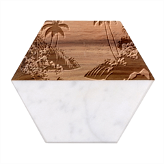 Tropical Beach Sea Jungle Ocean Landscape Marble Wood Coaster (hexagon) 