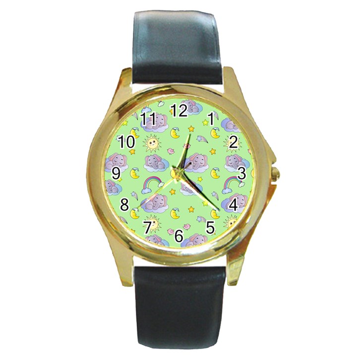 Elephant Sleeping Elephants Background Round Gold Metal Watch