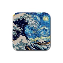 Starry Night Hokusai Vincent Van Gogh The Great Wave Off Kanagawa Rubber Square Coaster (4 Pack) by Semog4