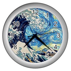 Starry Night Hokusai Vincent Van Gogh The Great Wave Off Kanagawa Wall Clock (silver) by Semog4