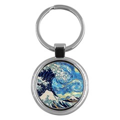 Starry Night Hokusai Vincent Van Gogh The Great Wave Off Kanagawa Key Chain (round) by Semog4