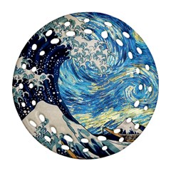 Starry Night Hokusai Vincent Van Gogh The Great Wave Off Kanagawa Ornament (round Filigree) by Semog4