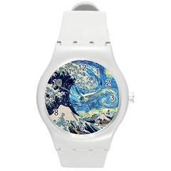 Starry Night Hokusai Vincent Van Gogh The Great Wave Off Kanagawa Round Plastic Sport Watch (m) by Semog4