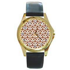 Brown Pretzel Illustrations Pattern Round Gold Metal Watch by GardenOfOphir