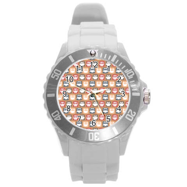 Colorful Whimsical Owl Pattern Round Plastic Sport Watch (L)