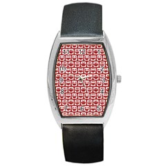 Red And White Owl Pattern Barrel Style Metal Watch by GardenOfOphir