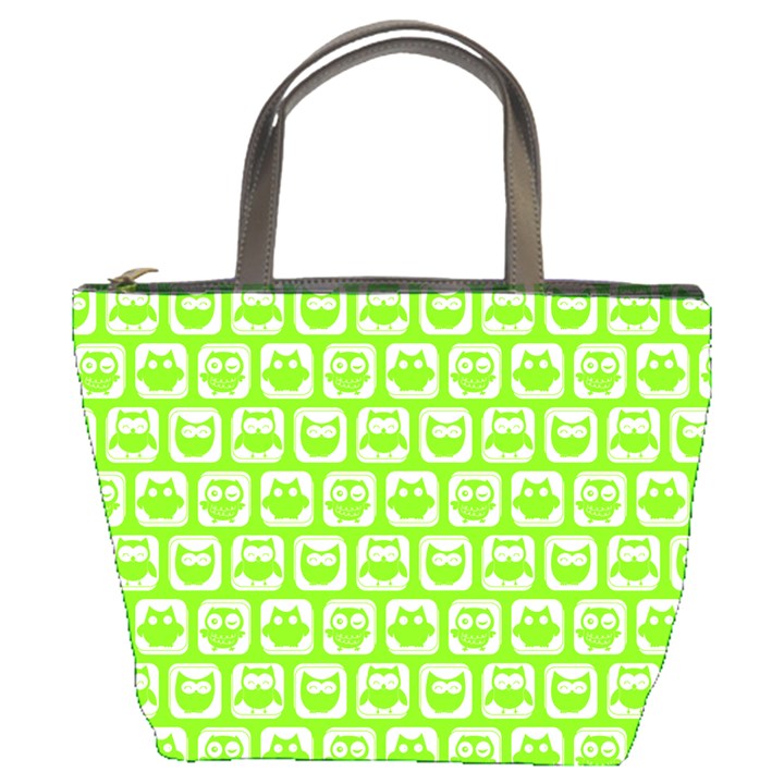 Lime Green And White Owl Pattern Bucket Bag