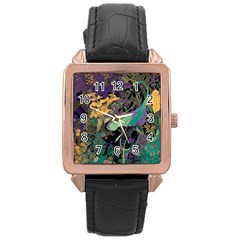 Ai Generated Flowers Trees Forest Mystical Forest Pattern Rose Gold Leather Watch 