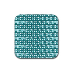 Teal And White Owl Pattern Rubber Coaster (square) by GardenOfOphir