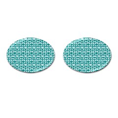 Teal And White Owl Pattern Cufflinks (oval) by GardenOfOphir