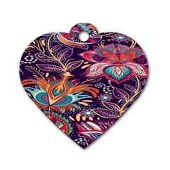 Ornamental Patterns Abstract Flower Pattern Purple Dog Tag Heart (one Side) by Jancukart