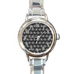 Black And White Gerbera Daisy Vector Tile Pattern Round Italian Charm Watch by GardenOfOphir
