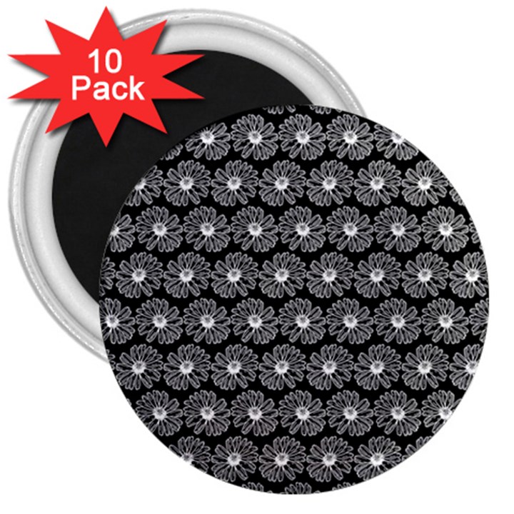 Black And White Gerbera Daisy Vector Tile Pattern 3  Magnets (10 pack) 
