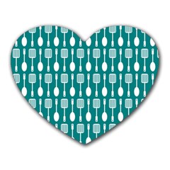 Teal And White Spatula Spoon Pattern Heart Mousepad by GardenOfOphir