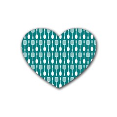 Teal And White Spatula Spoon Pattern Rubber Heart Coaster (4 Pack) by GardenOfOphir