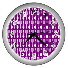 Magenta Spatula Spoon Pattern Wall Clock (silver) by GardenOfOphir