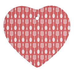 Coral And White Kitchen Utensils Pattern Ornament (heart) by GardenOfOphir