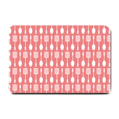 Coral And White Kitchen Utensils Pattern Small Doormat by GardenOfOphir