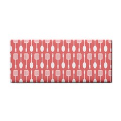 Coral And White Kitchen Utensils Pattern Hand Towel by GardenOfOphir