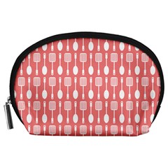 Coral And White Kitchen Utensils Pattern Accessory Pouch (large) by GardenOfOphir