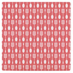 Coral And White Kitchen Utensils Pattern Uv Print Square Tile Coaster  by GardenOfOphir